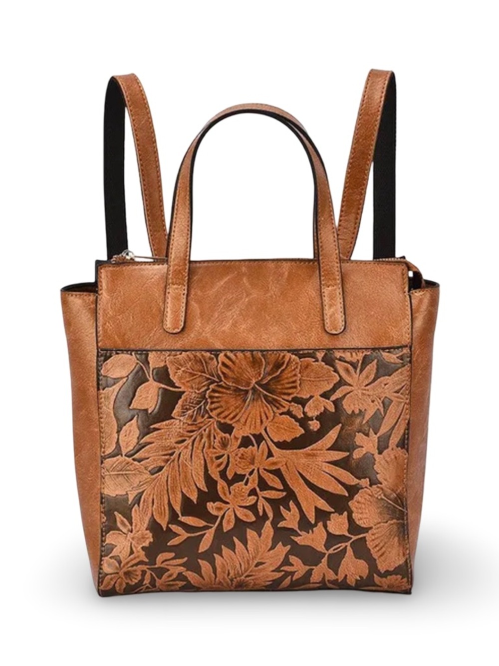 Mellow World Shia Convertible Backpack Purse in Cognac Tooled Vegan Leather